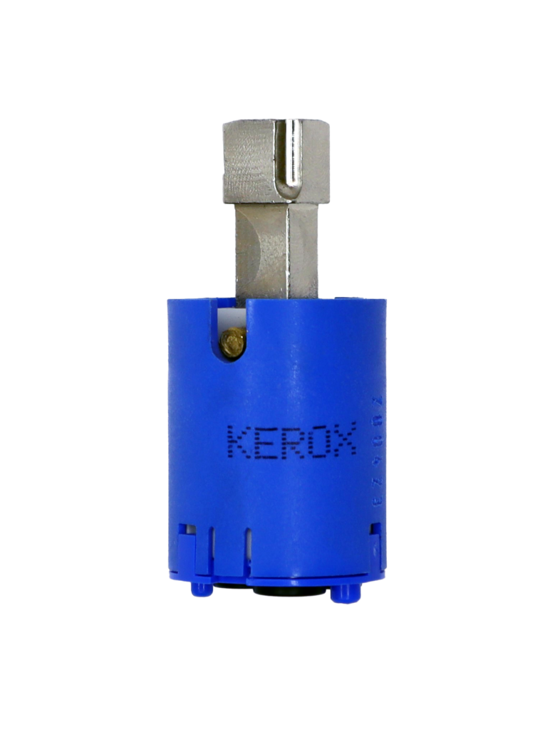 Bright blue plastic cartridge with square stainless handle connection, the name kerox printed on plastic with black rubber seals.