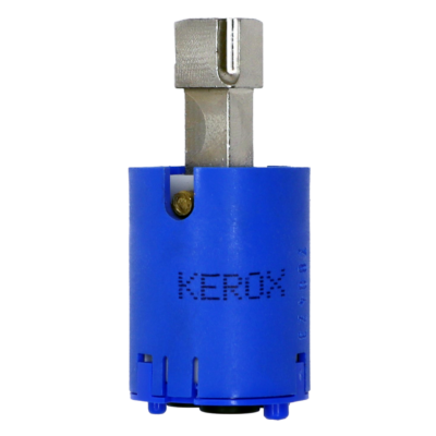 Bright blue plastic cartridge with square stainless handle connection, the name kerox printed on plastic with black rubber seals.