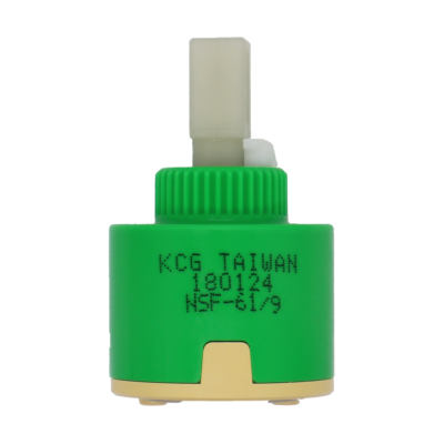 Lime green and tan plastic cartridge with white limit stop square handle connection and grey bottom seal.