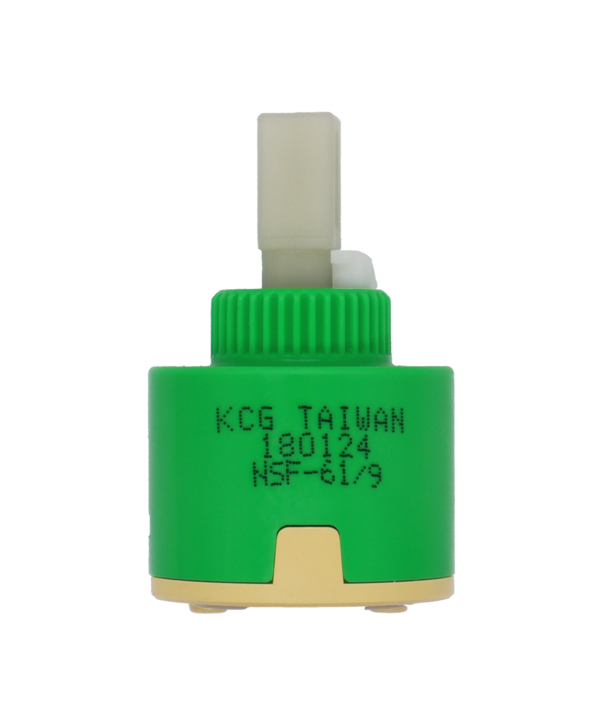 Lime green and tan plastic cartridge with white limit stop square handle connection and grey bottom seal.
