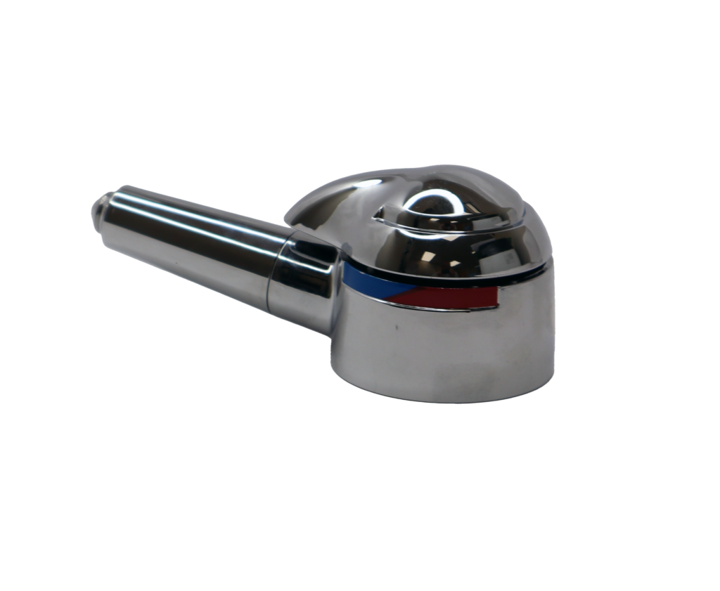 Polished chrome lever handle with red and blue inded temperature makrings.