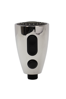 Polished chrome spray head with black buttons and spray face.