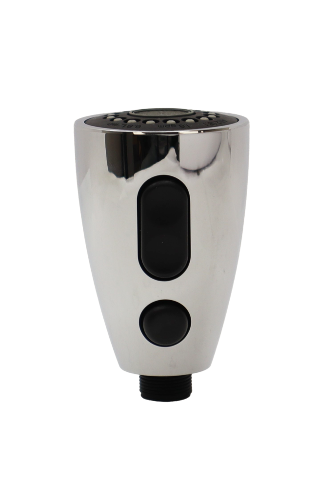 Polished chrome spray head with black buttons and spray face.
