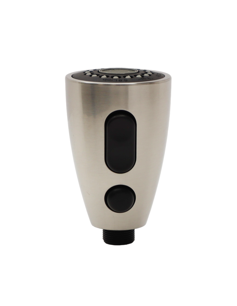 Vibrant stainless steel sprayhead with black rubber dual function buttons with black plastic threaded hose connection.