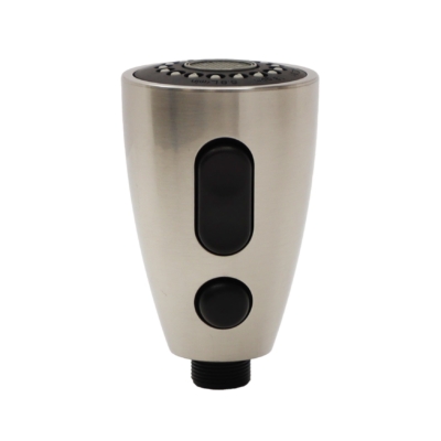 Vibrant stainless steel sprayhead with black rubber dual function buttons with black plastic threaded hose connection.