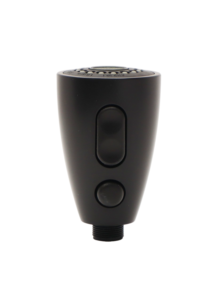 Matte black hand spray with black rubber buttons black plastic threads and grey aerator.