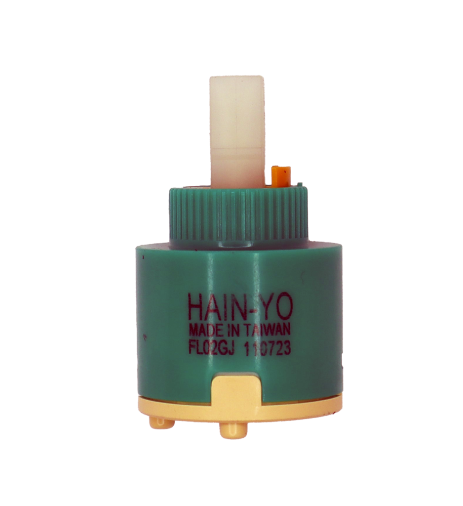 FOrest green plastic cartridge with orange limit stop white square handle connection with tan bottom and black seal.