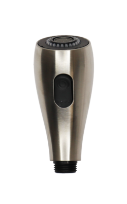 Stainless steel spray head with black rubber spray button.