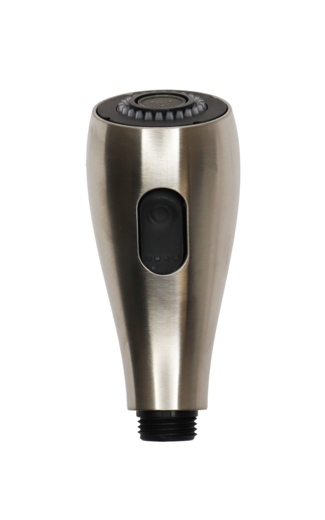 Stainless steel spray head with black rubber spray button.