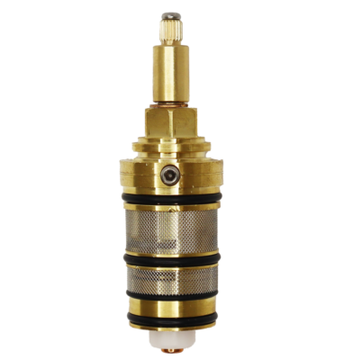 Bright brass cartridge with stainless steel screens black rubber o-rings white plastic spacer and copper thermo.