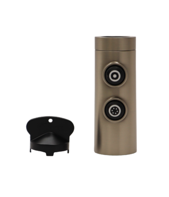 Vibrant brushed nickel spray head with black rubber buttons and black aerator key.
