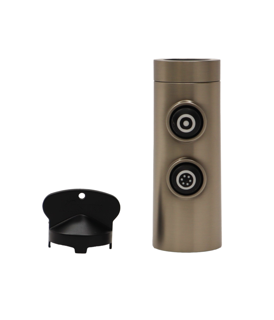 Vibrant brushed nickel spray head with black rubber buttons and black aerator key.