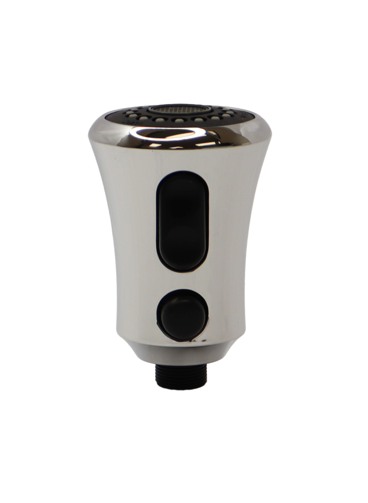Bright polished chrome sprayhead with 2 black rubber buttons and black spray face.