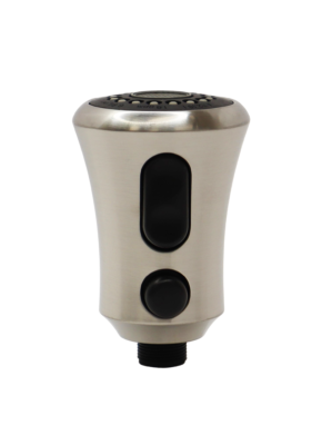 Stainless steel spray head with 2 black rubber buttons and black plastic threads for hose connection.