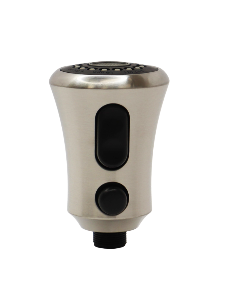 Stainless steel spray head with 2 black rubber buttons and black plastic threads for hose connection.