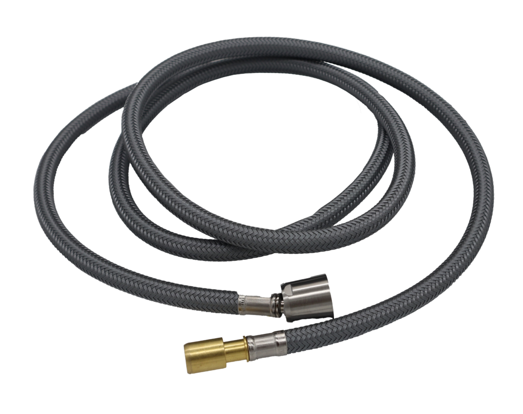 Braided nylon hose with brass faucet connection and chrome spray head connection.