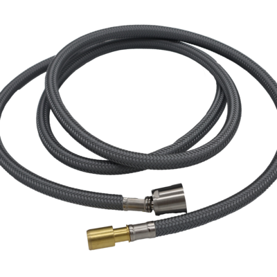 Braided nylon hose with brass faucet connection and chrome spray head connection.