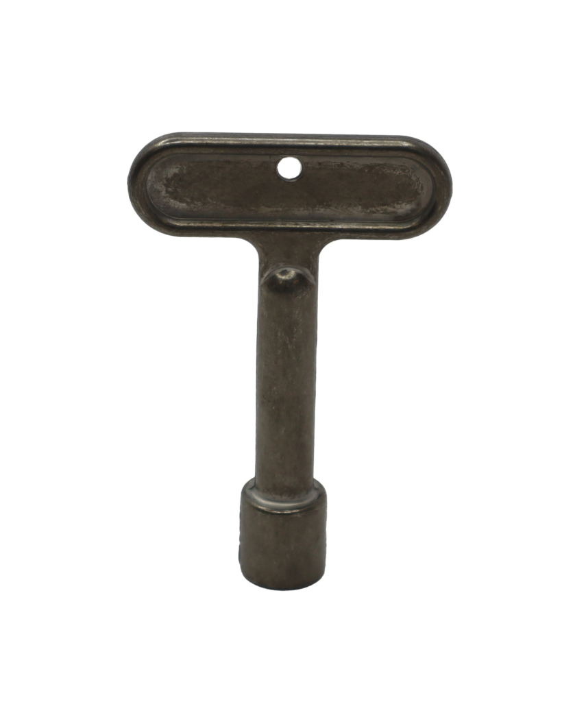 Metal t Shaped handle with square faucet connection.