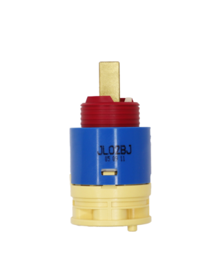 Bright blue cartridge body with red limit stop and square brass handle connection. Tan bottom with blue seal.
