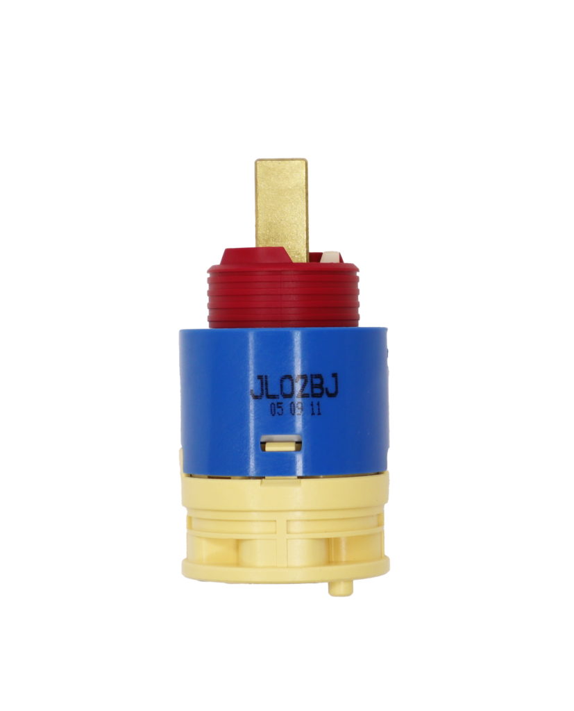 Bright blue cartridge body with red limit stop and square brass handle connection. Tan bottom with blue seal.
