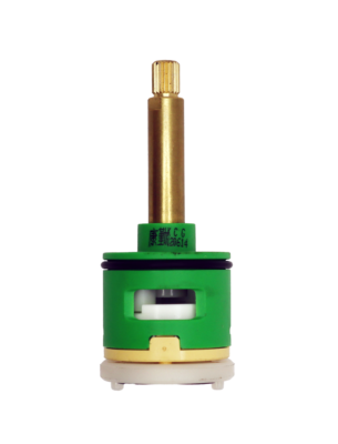 Green and tan cartridge with brass stem black rubber o-ring white ceramic discs white bottom and black bottom seals.