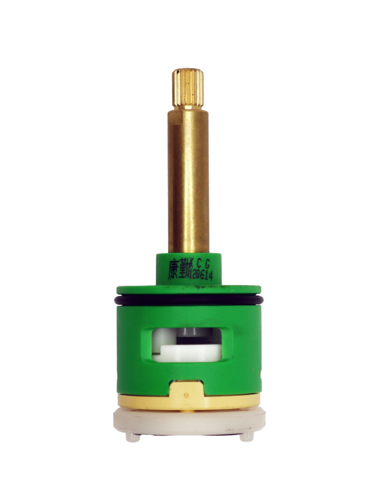 Green and tan cartridge with brass stem black rubber o-ring white ceramic discs white bottom and black bottom seals.