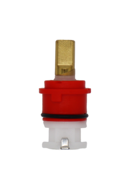 Red and white plastic cartridge with brass stem black rubber o-ring and stainless steel bottom.
