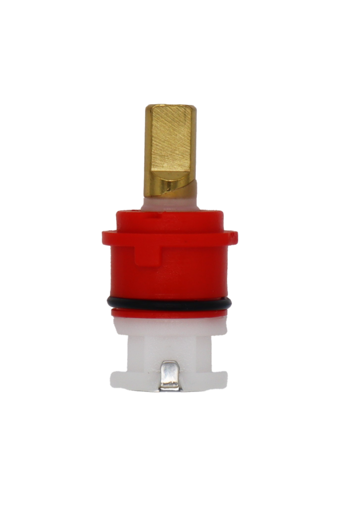 Red and white plastic cartridge with brass stem black rubber o-ring and stainless steel bottom.