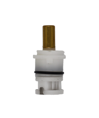 White plastic cartridge with brass stem black rubber o-ring and stainless bottom.