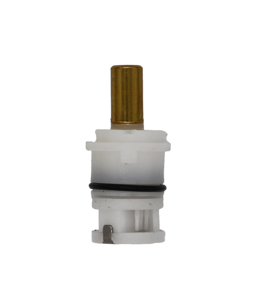 White plastic cartridge with brass stem black rubber o-ring and stainless bottom.