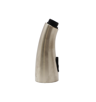 Vibrant stainless steel spray head with black rubber button.