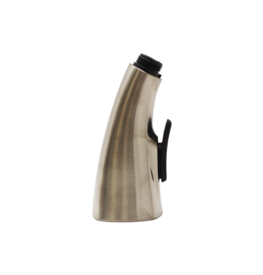 Stainless steel sprayhead with black button black plastic handle connection and sprayface.