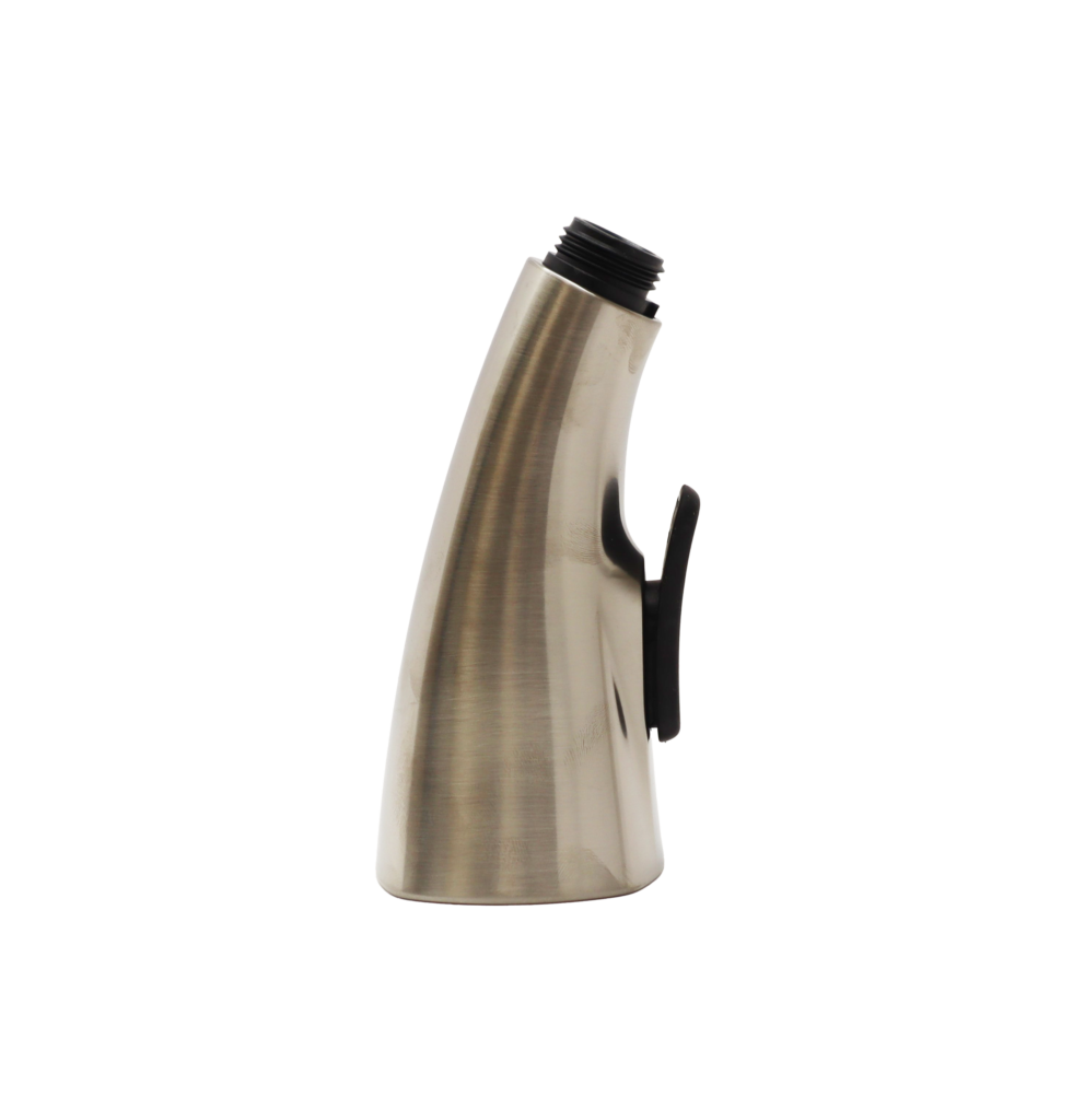 Stainless steel sprayhead with black button black plastic handle connection and sprayface.