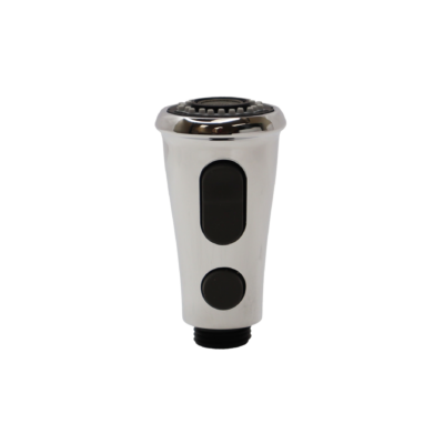 Polished chrome sprayhead with black rubber buttons black plastic threaded hose connection.