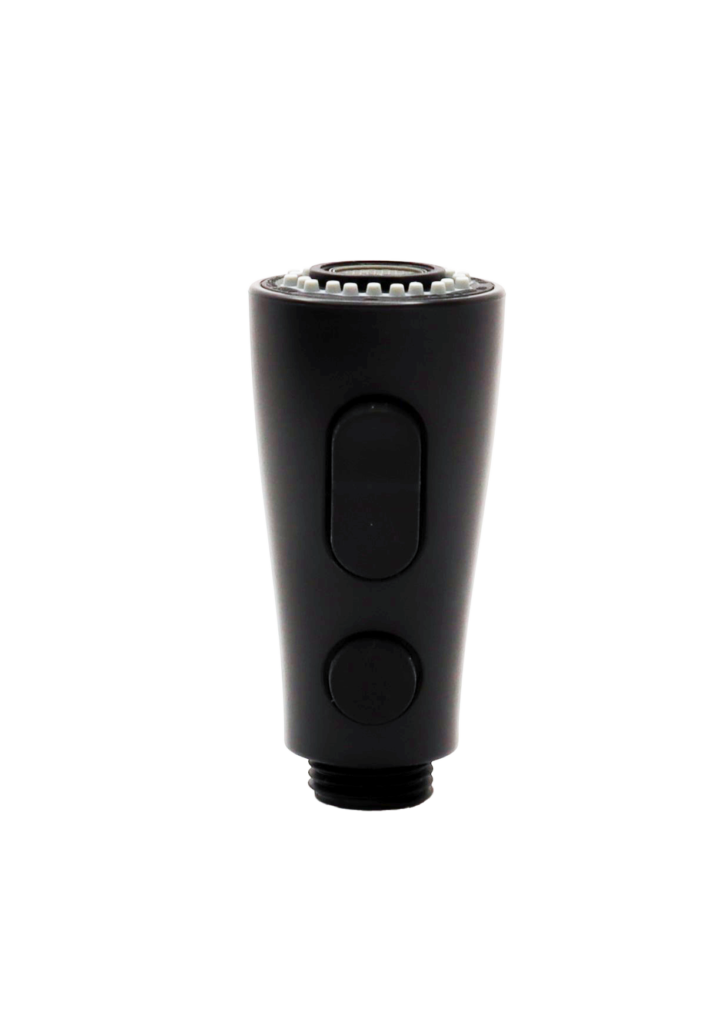 Front viewos the matte black spray wand with 2 black buttons for the control of the spray patterns.