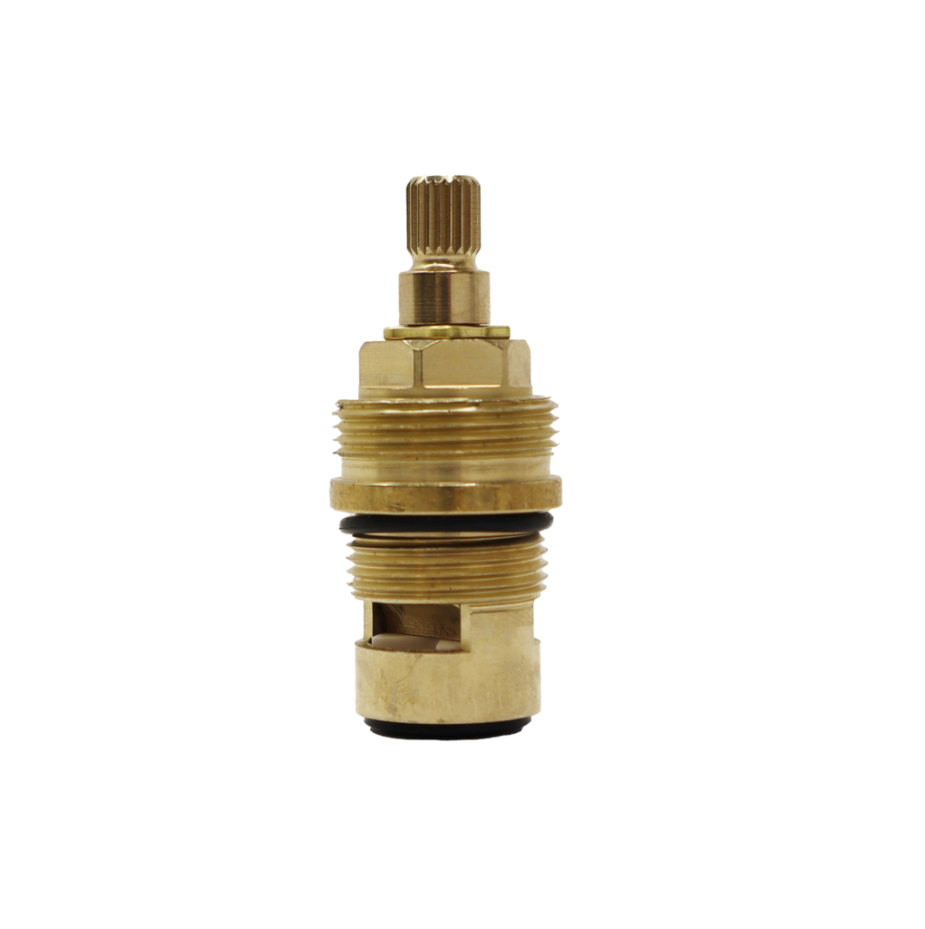 Bright brass cartridge with black rubber o-ring white ceramic discs and black rubber seal.