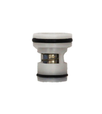 White plastic body black rubber o-rings stainless spring and piston.