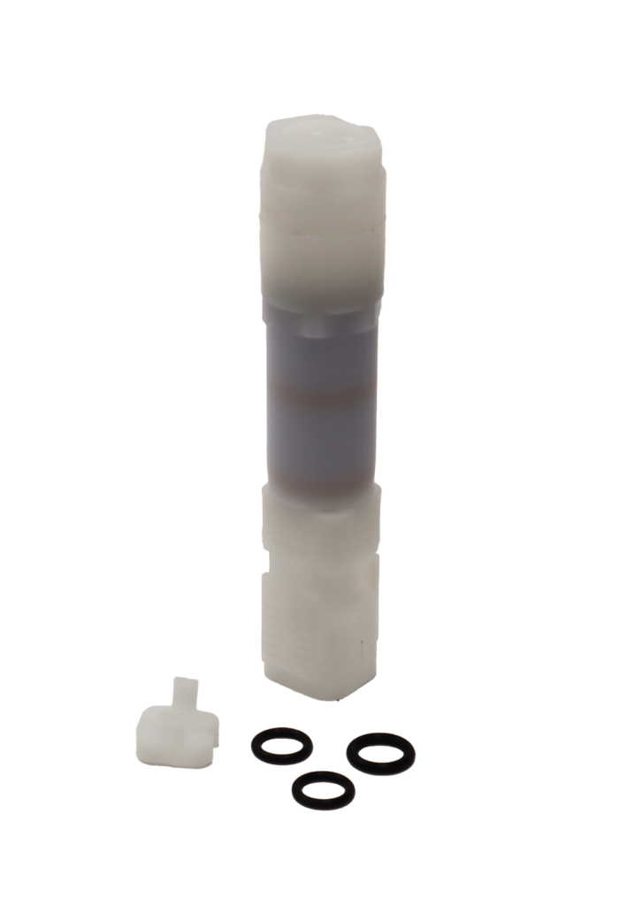 White plastic body with blue internal vacuum breaker and black o-rings.