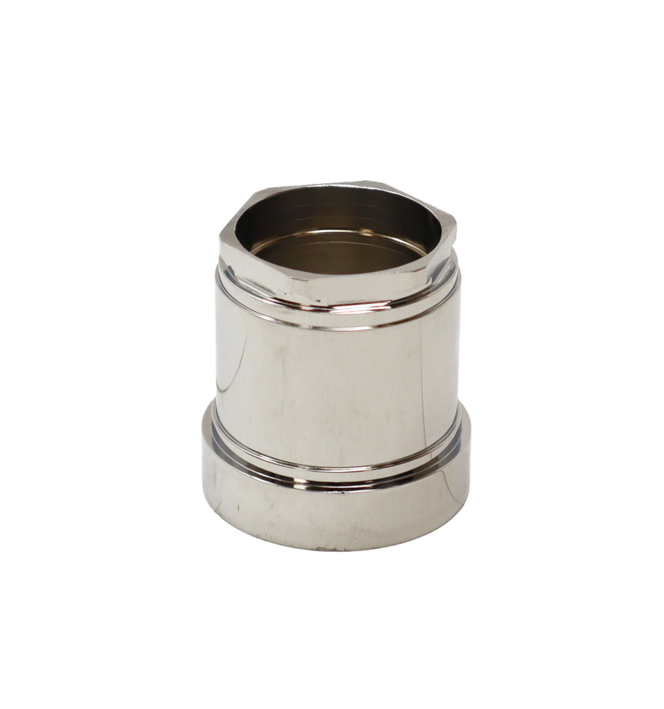 Chrome plated bonnet nut internal threads and hexagon shape for tightening.
