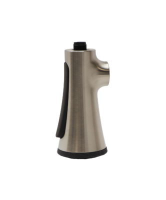 Stainless steel sprayhead with black dual funstion botton with black plastic hose connection.