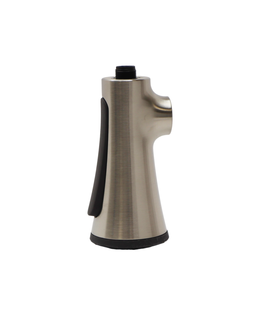Stainless steel sprayhead with black dual funstion botton with black plastic hose connection.