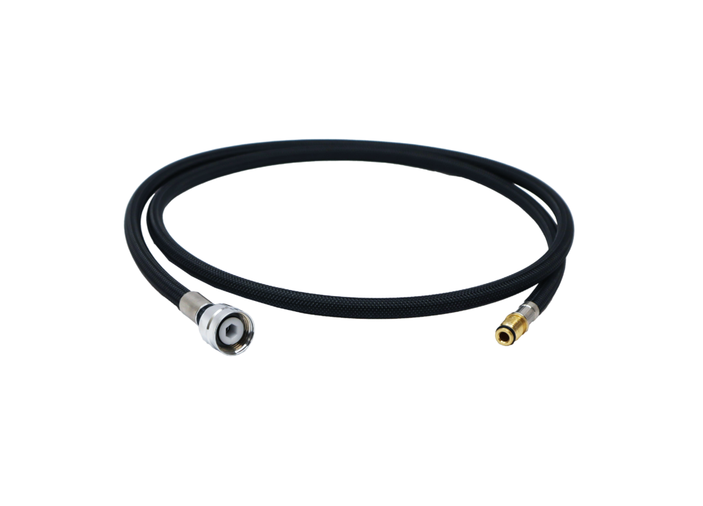 Black braided hose with polished chrome handle fitting and brass faucet fitting.