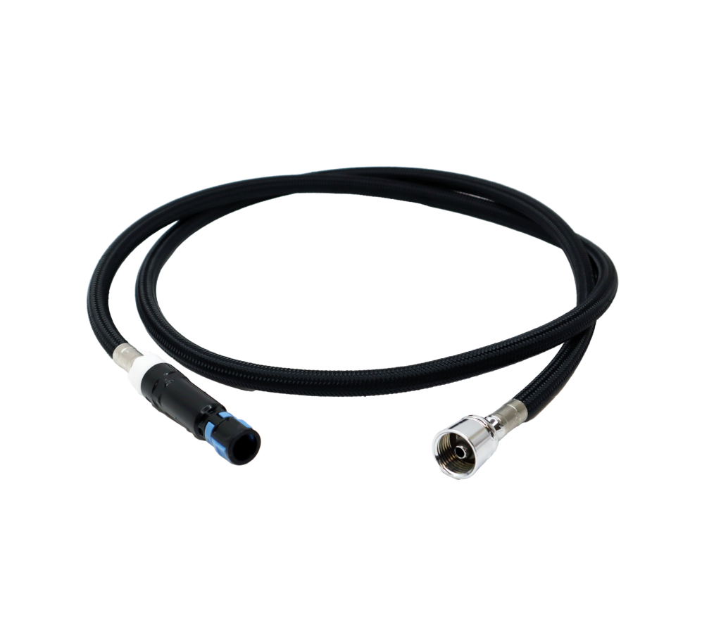Black braided nylon hose with polished chrome spray head connection with black plastic quick release with light blue tab.