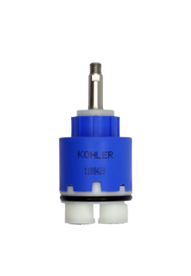 Bright blue plastic cartridge with white top stainless screw top handle connection white bottom and black rubber seal.