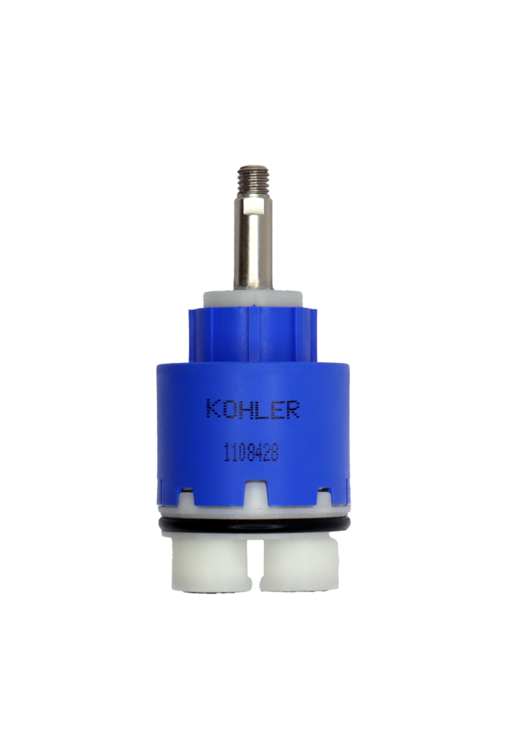Bright blue plastic cartridge with white top stainless screw top handle connection white bottom and black rubber seal.
