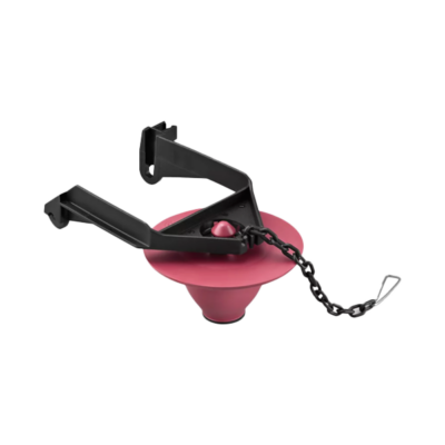 Red rubber ball with black plastic arm and black chain with stainless clip.