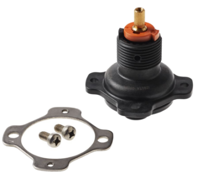 Black plastic body with brass cartridge metal plate and screws.