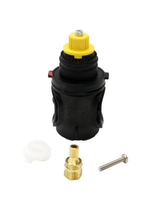 Black plastic cartridge body with yellow limit stop brass adapter and stainless screw.