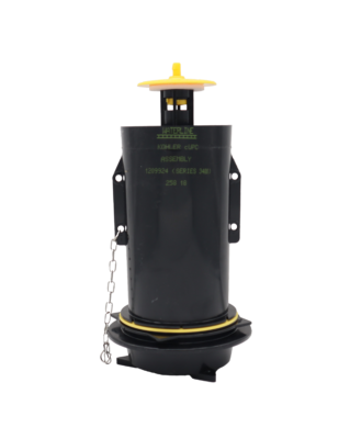 Black plastic cannister flush vale with yellow top cap and yellow washer.