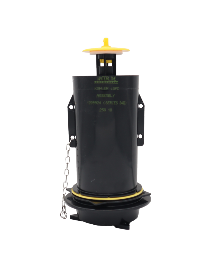 Black plastic cannister flush vale with yellow top cap and yellow washer.